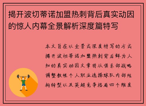 揭开波切蒂诺加盟热刺背后真实动因的惊人内幕全景解析深度篇特写